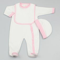M1541: Baby White With Pink Trim 3 Piece All In One, Bib & Hat Set (0-9 Months)